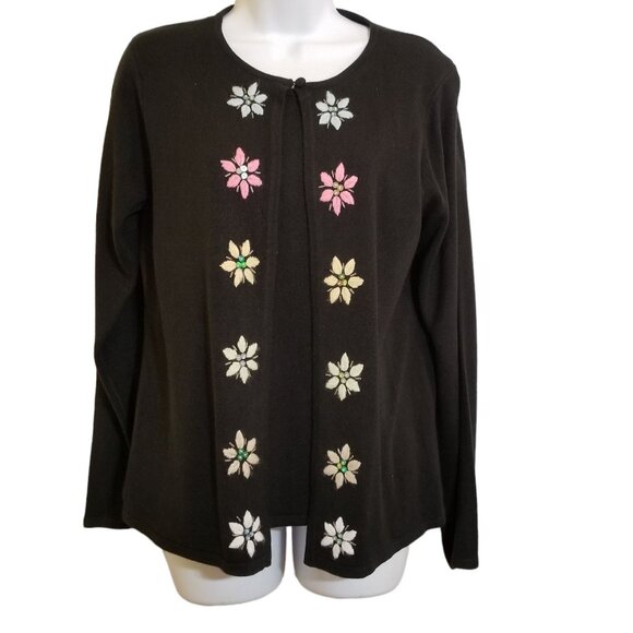 Sag Harbor Womens Sweater S Vintage Knit Black Embroidered Flowers Twofer Sequin - Picture 3 of 15